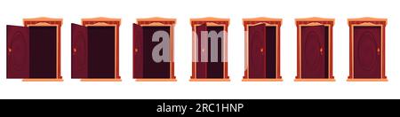 Movimento della porta aperta dei cartoni animati, foglio di animazione dell'ingresso della casa vettoriale. Sequenze di telai di porte in legno aperte e chiuse. Ingresso a casa, in stanza o in ufficio con porta e maniglia in legno marrone, risorse di gioco Illustrazione Vettoriale