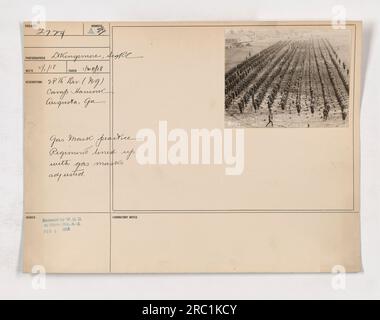 Soldati della 28a Divisione (Guardia Nazionale) a Camp Hancock ad Augusta, GA, partecipando a una sessione di pratica con maschera a gas. Il reggimento è allineato con le maschere antigas regolate. Questa foto è stata scattata il 1 o 2 febbraio 1918 e rilasciata dal Dipartimento del War Office alla Photo Division. Foto Stock