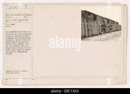 L'immagine mostra Sgt. 1st Cl. Grier M. Shotwell, S.C. catturando 123 prigionieri bolscevichi lungo la ferrovia tra Arcangelo e Vologda in Russia il 6 settembre 1918. I prigionieri furono contati all'arrivo a Bakharitzs da un soldato americano e da un marinaio degli Stati Uniti Olympia, e furono portati all'Arcangelo sotto guardia. Foto Stock