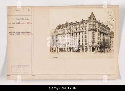 Vista dell'Hotel Mediterranee a Parigi, Francia. La foto è stata scattata il 12 aprile 1918 dalla Huber Photographer Corp. Polk. È stato censurato e pubblicato il 23 maggio 1918 da The Historical BR., W.P.D. Foto Stock