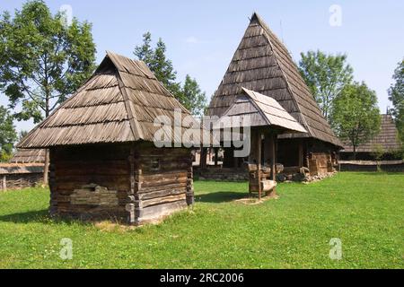 Case tradizionali, Museo Etnografico, Sighetu Marmatiei, Maramures, Romania Foto Stock