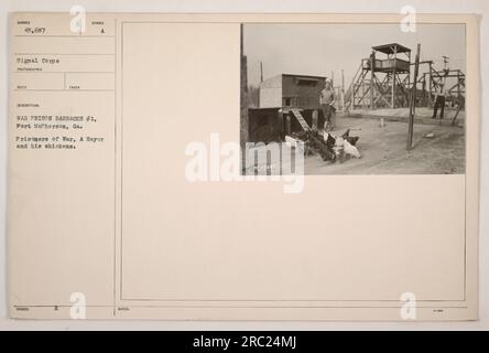 Prigionieri di guerra che vivono nella caserma n. 1 a Fort McPherson, Georgia. La fotografia mostra il prigioniero A. Heyer che si prende cura dei suoi polli. L'immagine è stata scattata dal fotografo del Signal Corps con la descrizione "SUNDER 45.687". I prigionieri in questa foto sono etichettati come prigionieri di guerra, e le note indicano il riferimento 45487. Foto Stock