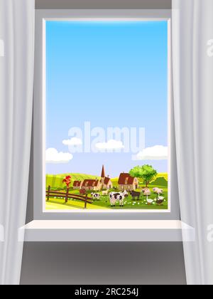 Finestra di vista interno, fattoria, paesaggio rurale, animali, natura di campagna Illustrazione Vettoriale