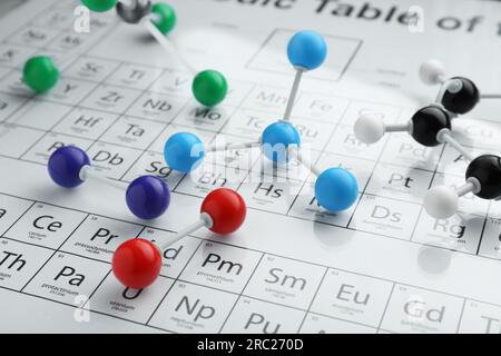 Modelli molecolari su tavola periodica di elementi chimici Foto Stock