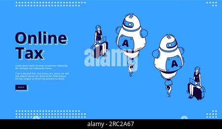 Pagina di destinazione isometrica fiscale online. Donne d'affari che lavorano su notebook con enormi robot ai. Tecnologia intelligente per la contabilità bancaria, applicazione per la tassazione su Internet, banner Web 3d con grafica vettoriale Illustrazione Vettoriale