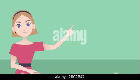 Immagine di una donna d'affari che punta con il dito e uno spazio per copiare su sfondo verde Foto Stock