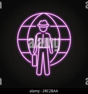 Icona al neon dell'agente spia internazionale. Uomo in completo con globo sullo sfondo. Illustrazione vettoriale. Illustrazione Vettoriale
