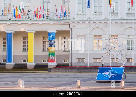 Logo e bandiere dei membri della NATO vicino al palazzo del Presidente che sventolano insieme alla bandiera dell'Ucraina durante la cena del vertice NATO 2023 nel centro di Vilnius Foto Stock