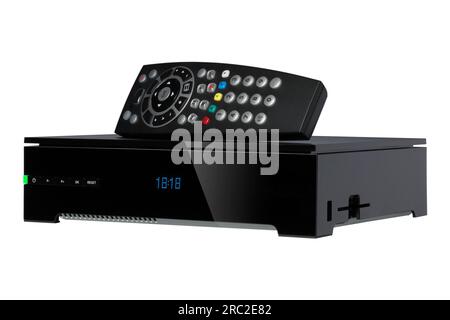 Decoder TV e telecomando isolati su sfondo bianco. Foto Stock