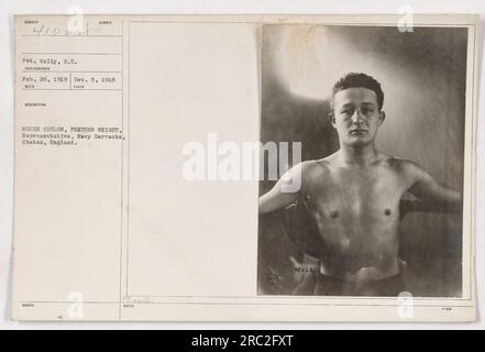 Il rappresentante della American Navy Barracks Eddie Coulon, un pugile dei pesi piuma, posa per una fotografia alla Chatam Navy Barracks in Inghilterra. L'immagine è stata scattata tra il 26 febbraio 1919 e il 5 dicembre 1918. Fa parte della collezione 111-SC ed è etichettata con il numero 41022. Foto Stock
