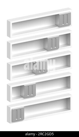 Cinque pulsanti di interfaccia con interruttore a levetta in plastica su sfondo bianco Foto Stock