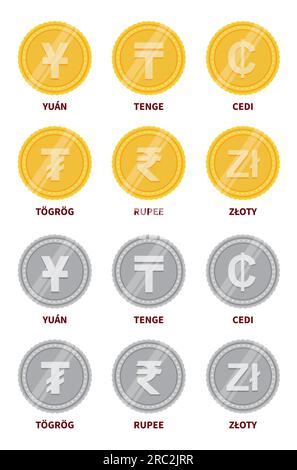 Monete vettoriali d'oro e d'argento con cartelli di denaro Illustrazione Vettoriale