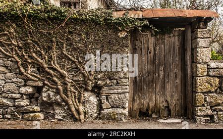 Un'antica porta in legno in un edificio residenziale storico nel villaggio di Trava nel distretto di Lauco, provincia di Udine, Friuli-Venezia Giulia, ne Italia Foto Stock