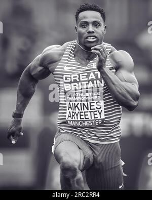 Manchester Regional Arena, Manchester, Regno Unito. National UK Athletics Championships 2023. Didascalia: Harry AIKINES-ARYEETEY vince il suo caldo nella volata di 100 m. Immagine: Mark Dunn/Alamy Foto Stock