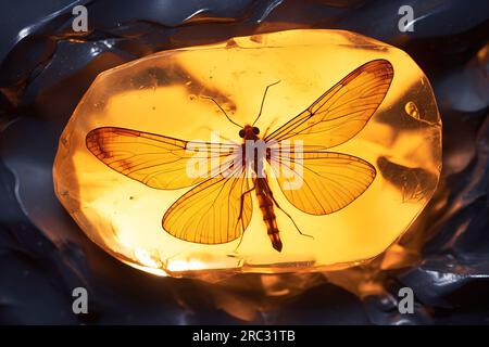 Ambra baltica con insetti intrappolati. Animale conservato in un pezzo di ambra. Fotografia macro di pietre preziose. Resina fossilizzata per alberi. Bellezza naturale Foto Stock