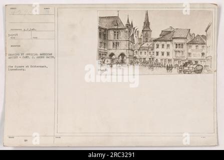 I soldati americani marciano attraverso la piazza di Echternach in Lussemburgo durante la prima guerra mondiale. La fotografia, scattata il 1° marzo 1919, cattura la scena disegnata dall'artista ufficiale americano, il capitano J. Andre Smith. Questa immagine è catalogata come numero 842900 nelle fotografie della collezione American Military Activities. Foto Stock