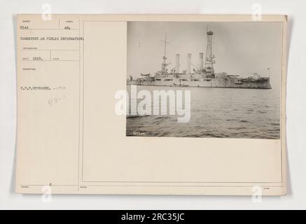 Questa fotografia, etichettata 111-SC-5344, è stata scattata dal Comitato per l'informazione pubblica negli anni '1910 L'immagine raffigura un simbolo, AU U.S.S. Missouri, sul lato di una nave da battaglia, in particolare la BB-11. Il significato dietro il simbolo e le eventuali note aggiuntive associate alla fotografia sono numerate 5344. Foto Stock