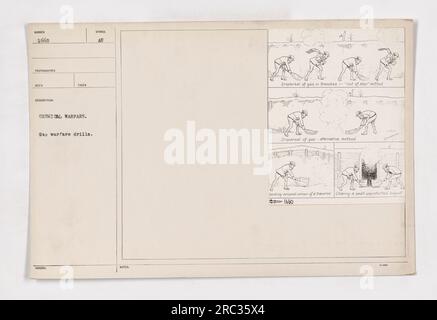 I soldati che partecipano alle esercitazioni di guerra a gas durante la prima guerra mondiale. La fotografia mostra che esercitano la dispersione di gas nelle trincee utilizzando il metodo "fuori fase", nonché un metodo alternativo. Sono inoltre raffigurati lavorare dietro l'angolo di una traversa e pulire un piccolo dugout non protetto. #1660 Fotografia scattata da Reco Desorption. Foto Stock