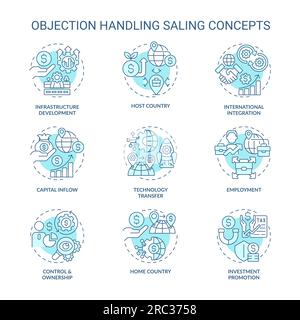 Icone lineari 2D per i concetti di investimento diretto all'estero Illustrazione Vettoriale