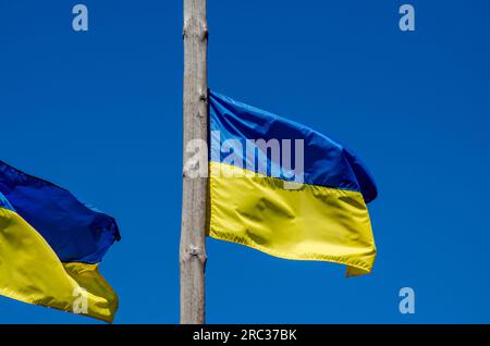 Bandiere ucraine che sventolano nel vento Foto Stock