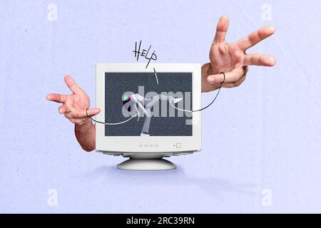 Illustrazione collage creativo di manipolazione di giovani ragazze bisogno di aiuto mani corde controllo display computer isolato su sfondo grigio Foto Stock