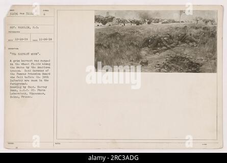 Le truppe americane nella prima guerra mondiale si trovano in primo piano di questa fotografia, affacciate sui campi di grano lungo la Marna. I corpi dei tedeschi caduti, membri della Guardia prussiana, possono essere visti. L'immagine è stata disegnata dal capitano Harvey Dunn e scattata da S.C. Fotografo Sgt. Warolin il 24 novembre 1918. Foto Stock