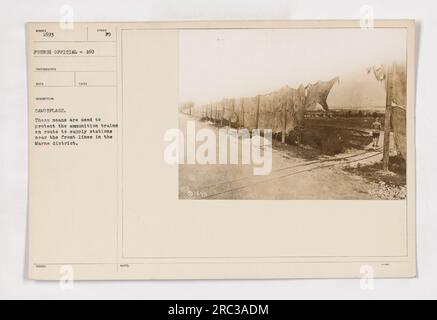 I soldati utilizzano il mimetismo per proteggere i treni di munizioni mentre viaggiano verso le stazioni di rifornimento nel distretto di Marne durante la prima guerra mondiale Questa fotografia, scattata da un fotografo ufficiale francese, mostra l'uso strategico delle tecniche mimetiche. L'immagine è etichettata come "NOMBR 1693 FRENCH OFFICIAL 160 PHOTOGRAPHER RECO DESCRIPTION CAMOUFLAGE. PRENDE IL SIMBOLO EMESSO PO.' Foto Stock