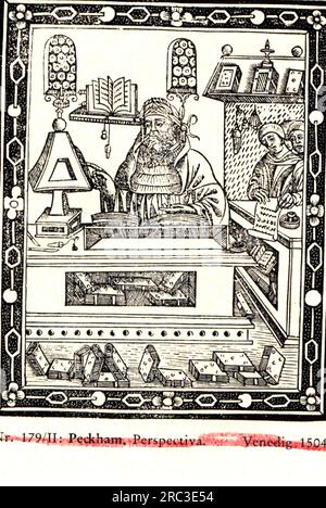 Scienza, scienziato, studioso dello studio, Woodcut, John Peckham: "Perspectiva communis", circa 1278, ADDITIONAL-RIGHTS-CLEARANCE-INFO-NOT-AVAILABLE Foto Stock