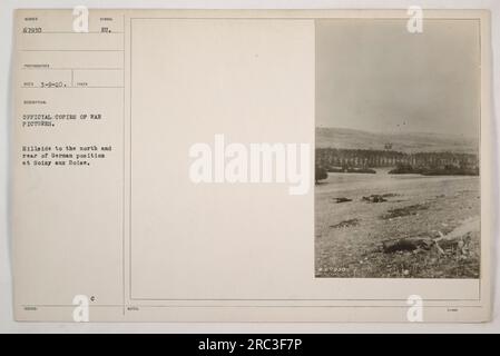 Una fotografia della collina a nord e dietro la posizione tedesca a Soizy aux Boise durante la prima guerra mondiale. Questa immagine è una copia ufficiale delle foto di guerra, scattate dal fotografo RECO il 9 marzo 1920. La fotografia è identificata dal simbolo "BU" e ha il numero di riferimento 67930. Foto Stock