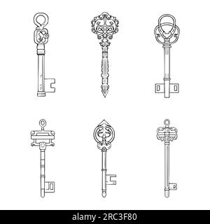 Imposta bellissime chiavi vintage. Illustrazione vettoriale isolata su sfondo bianco Illustrazione Vettoriale
