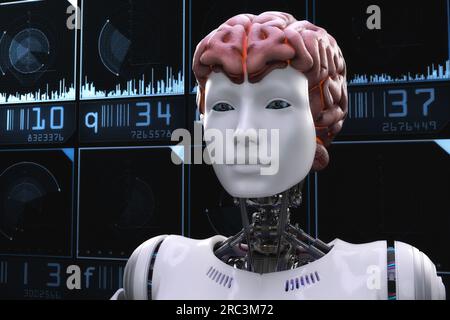 Illustrazione artistica 3D di un robot con intelligenza artificiale Foto Stock