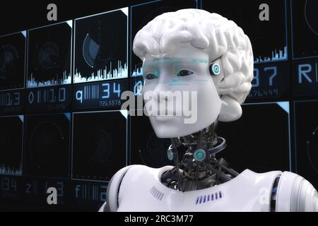 Illustrazione artistica 3D di un robot con intelligenza artificiale Foto Stock