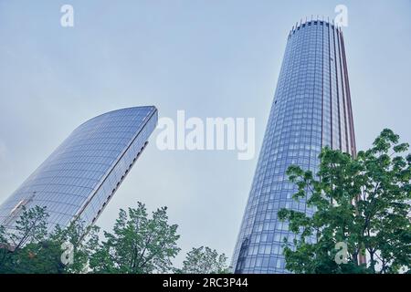 Grattacieli a specchio del business center in un giorno d'estate contro il cielo blu. Grattacieli moderni e diagonali attraverso l'erba verde. Foto di alta qualità Foto Stock