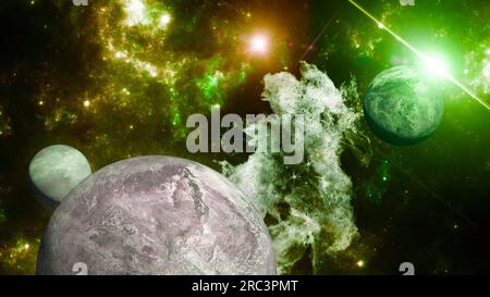 Pianeti fantascientifico, scoperta di nuovi mondi, fantascienza. Pianeti e lune di altre galassie e universi. Mondi fantastici. Nebulose e stelle Foto Stock