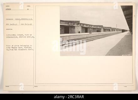 Vista dei moli appartenenti alla base di rifornimento dell'esercito a Norfolk, Virginia, vista dal fiume Elizabeth. Questa fotografia, scattata il 21 giugno 1919, fa parte della serie storica che documenta le attività del porto di imbarco a Newport News, Virginia. L'immagine è stata scattata dal sergente Newberg con gli Stati Uniti Corpo dei segnali. Foto Stock