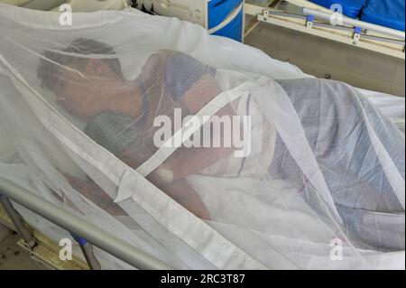 Sylhet, Bangladesh. 11 luglio 2023. Le persone con dengue ricevono il trattamento presso l'angolo Dengue di Sylhet MAG Osmani Medical College Hospital, Bangladesh. Più di 6 pazienti sono ora in trattamento in questo angolo di Dengue. Il numero di pazienti affetti da dengue diagnosticati negli ospedali del Bangladesh sta gradualmente aumentando e il numero di casi e decessi di dengue è aumentato in modo allarmante in tutto il paese nelle ultime tre settimane. L'11 luglio 2023 Sylhet, Bangladesh (foto del MD Rafayat Haque Khan/Eyepix Group/Sipa USA) credito: SIPA USA/Alamy Live News Foto Stock