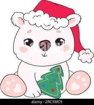 Orsacchiotto in un cappello di babbo natale con un albero di Natale nelle zampe. Illustrazione vettoriale natalizia in stile piatto. Carino animale per le carte di Capodanno, i poster, la cancelleria. Illustrazione Vettoriale