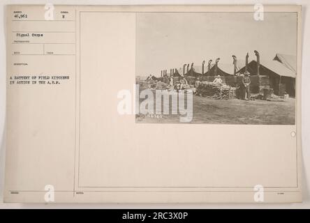 Una batteria di cucine da campo è vista in azione, al servizio dei soldati delle American Expeditionary Forces durante la prima guerra mondiale. La fotografia, catturata dal Signal Corps e assegnata al numero 46961, mostra la configurazione organizzata delle cucine da campo mentre distribuiscono i pasti alle truppe. Foto Stock