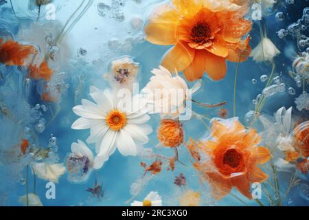 Fiori di campo in ghiaccio. Fiori selvatici in acqua ghiacciata. Sfondo floreale. Sfondo botanico. Decorazioni naturali con fiori di campo in ghiaccio Foto Stock