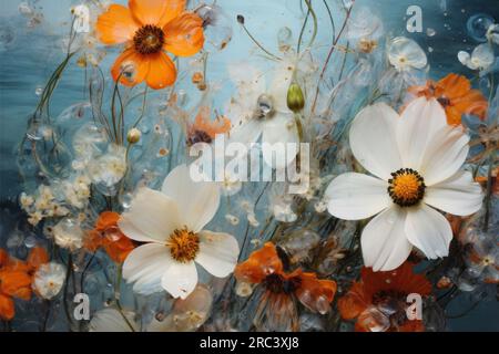 Fiori selvatici in acqua ghiacciata. Sfondo floreale. Sfondo botanico. Decorazione naturale con fiori di campo in ghiaccio. Composizione in fiore Foto Stock