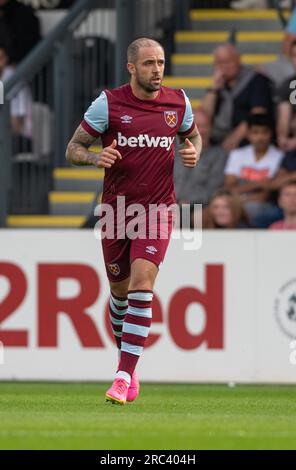 Borehamwood, Hertfordshire, Londra, Inghilterra, 10 luglio 2023. Danny Ings del West Ham, durante il Borehamwood Football Club V West Ham United Football Club, in amichevole pre-stagione, al Meadow Park. (Immagine di credito: ©Cody Froggatt/Alamy Live News) Foto Stock