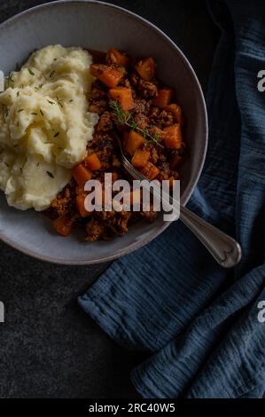 Gustoso stufato di manzo macinato con carote e verdure. Servito con purè di patate su un piatto dall'alto Foto Stock