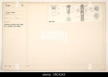 Questa fotografia raffigura un diagramma delle parti di un guscio di gas tedesco durante la prima guerra mondiale. Fu presa dal Signal Corps e ricevette il numero di identificazione 43.907. L'immagine mostra una chiara rappresentazione visiva per illustrare i diversi componenti dello shell. La descrizione allegata menziona l'uso del simbolo "H" e le note sono contrassegnate con il numero 043907 di marzo. Foto Stock