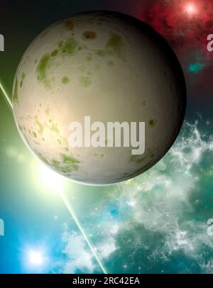 Pianeti fantascientifico, scoperta di nuovi mondi, fantascienza. Pianeti e lune di altre galassie e universi. Mondi fantastici. Nebulose e stelle Foto Stock