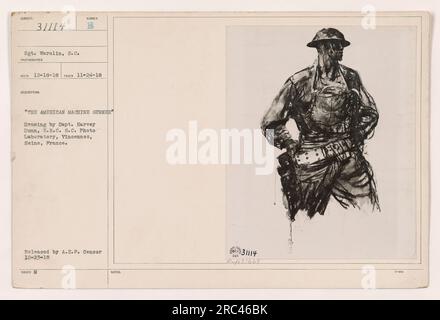 Un disegno intitolato "The American Machine Gunner" del capitano Harvey Dunn, E.R.C. La fotografia è stata scattata a Vincennes, nella Senna, in Francia, il 24 novembre 1918. L'immagine mostra un soldato che aziona una mitragliatrice. Questa immagine è stata rilasciata dalla A.E.F. Censura il 23 dicembre 1918." Foto Stock