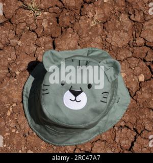 Un cappello con un animale selvaggio in cima su un terreno incrinato. Foto Stock