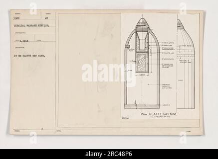 111-SC-3900 MER 3,900: Una fotografia scattata nel 1918 da un fotografo del Chemical Warfare Service. L'immagine mostra una miniera di gas glatte con vari componenti. La miniera è costituita da un contenitore di ferro, galvanizzato, riempito con 115 grammi di TNT. Il contenitore è sigillato con un tappo di paraffina e blocchi di legno. Un'altra sostanza identificata è un cemento cloruro di magnesio. La capacità massima della miniera è di 600 litri e ha due bande bianche, con la possibilità di una terza banda bianca nel mix. Foto Stock