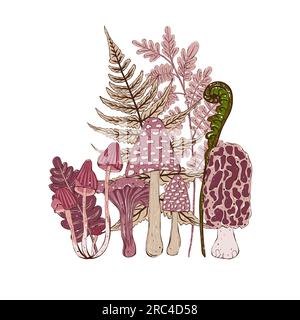 Funghi decorativi e rami in stile cartone animato su sfondo bianco Foto Stock