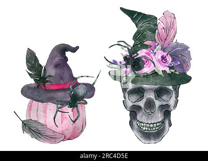 Set di elementi per Halloween. Collezione vintage nera e rosa in stile acquerello Foto Stock