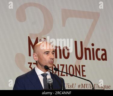 Milano, Italia. 11 luglio 2023. Milano, Italia Milano unica 2024-2025 esposizione internazionale di tessuti e accessori conferenza di presentazione alla Fiera Milano Rho in foto: Alessandro Barberis Canonico presidente di Milano unica Credit: Agenzia fotografica indipendente/Alamy Live News Foto Stock